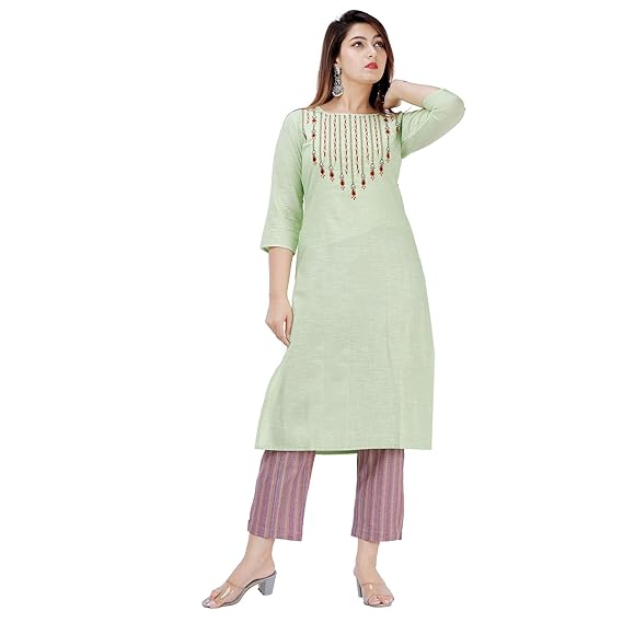 Women's Cotton Emberoidered Kurta And Pant Set (LIGHT-GREEN)