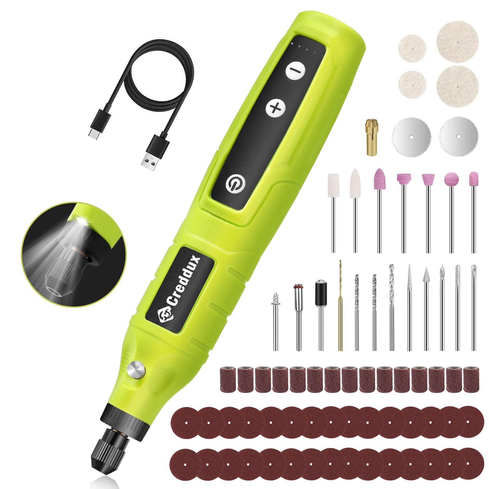 Photo 1 of Creddux Cordless Rotary Tool,5 Speed Rotary Tool Kit With 71 Accessories,USB Charging,Multi-Purpose 4.2v Power Rotary Tools Easy Accessory Changes - Sanding, Polishing, Engraving and Cutting Green