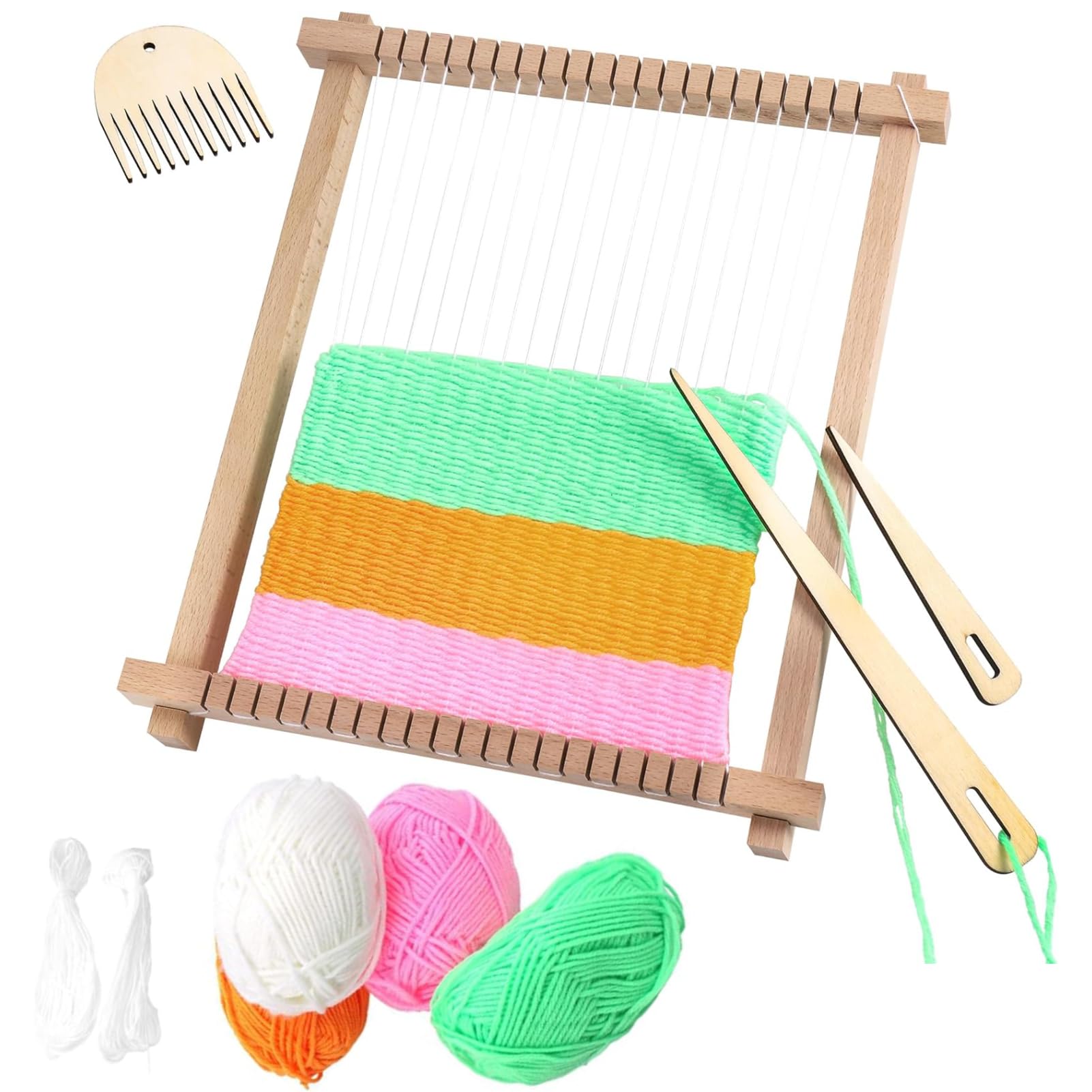 Zocipro Weaving Loom for Kids Beginner, 24x28cm Wooden Weaving Loom Kit, Multi-Craft Knitting Loom Adjustable Hand-Knit Machine, Wood Weaving Kit with Yarns, Rods, Combs and Shuttles