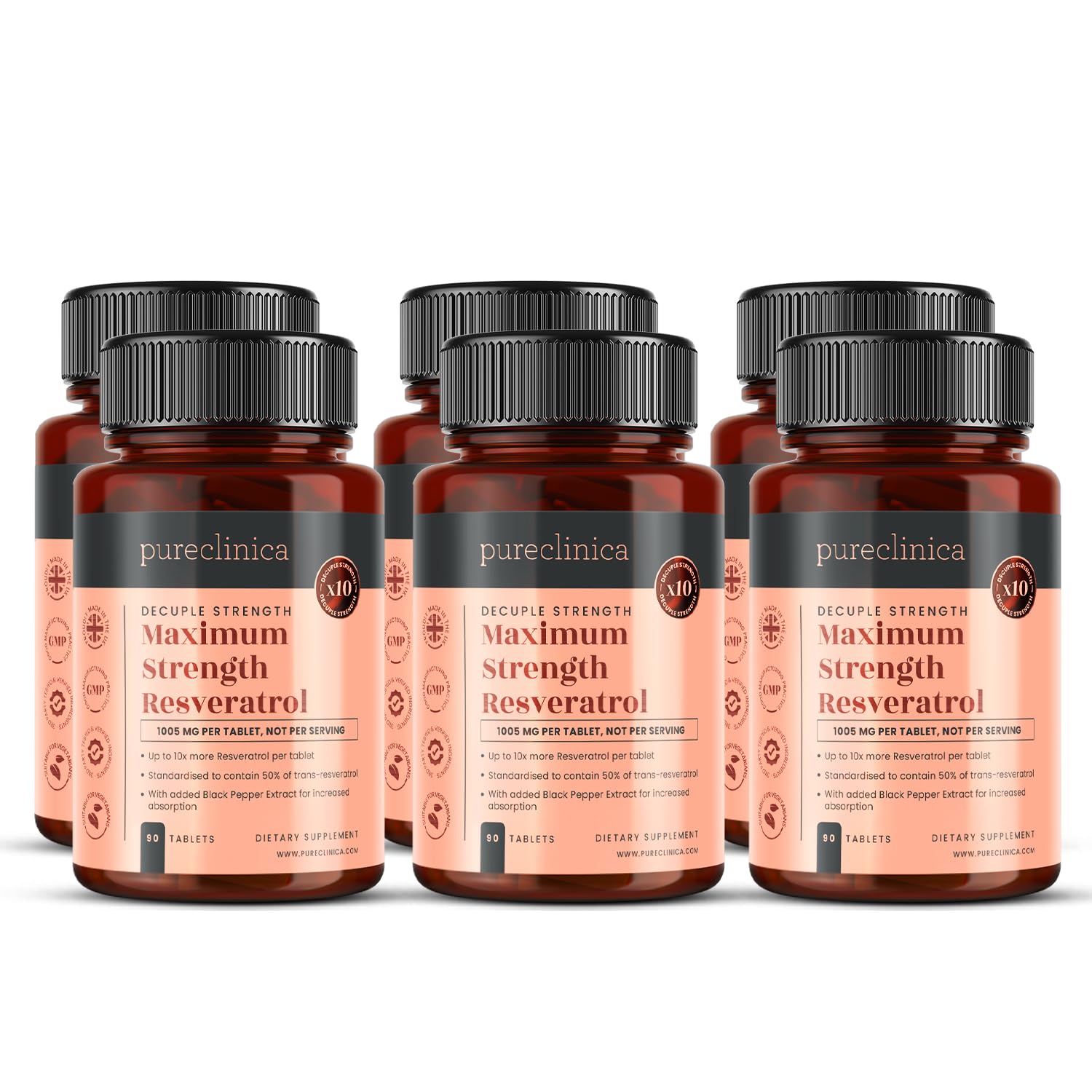 1000mg Resveratrol x 540 Tablets (6 Bottles of 90-18 Months Supply) with Black Pepper Extract