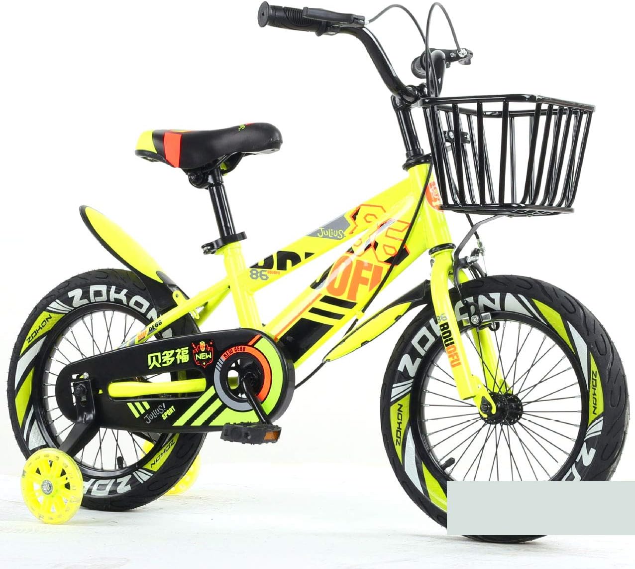 12", 14", 16", 18" Children's Bicycle Carbon Steel Frame and Stand, Freestyle Double Disc Brake Boy's Girl's Kids bike with stabilisers and basket,Yellow,12”