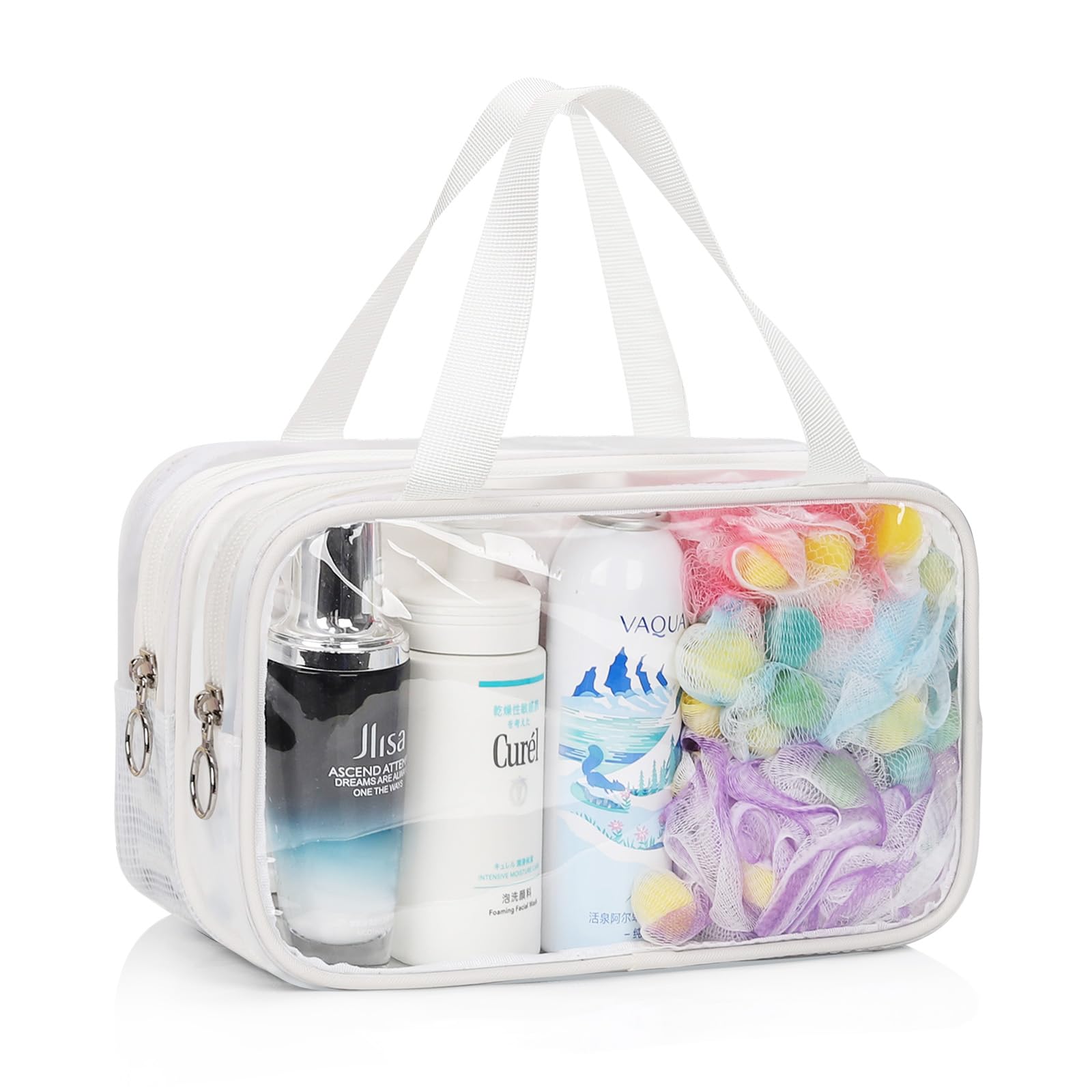 Photo 1 of CUBETASTIC Clear Toiletry Bags for Traveling 2 Compartments Dry/Wet Separation Shower Bag with Mesh Draining Section, Portable Clear Makeup Bag & Travel Bags for Toiletries - Unisex