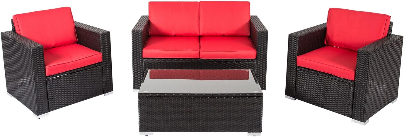 Amazon Com Peach Tree 4 Pc Patio Furniture Sets Pe Rattan Wicker Sofa Sectional Conversation Set With Washable Cushion And Coffee Table Deck Couch Set For Garden Outdoor Red Industrial Scientific