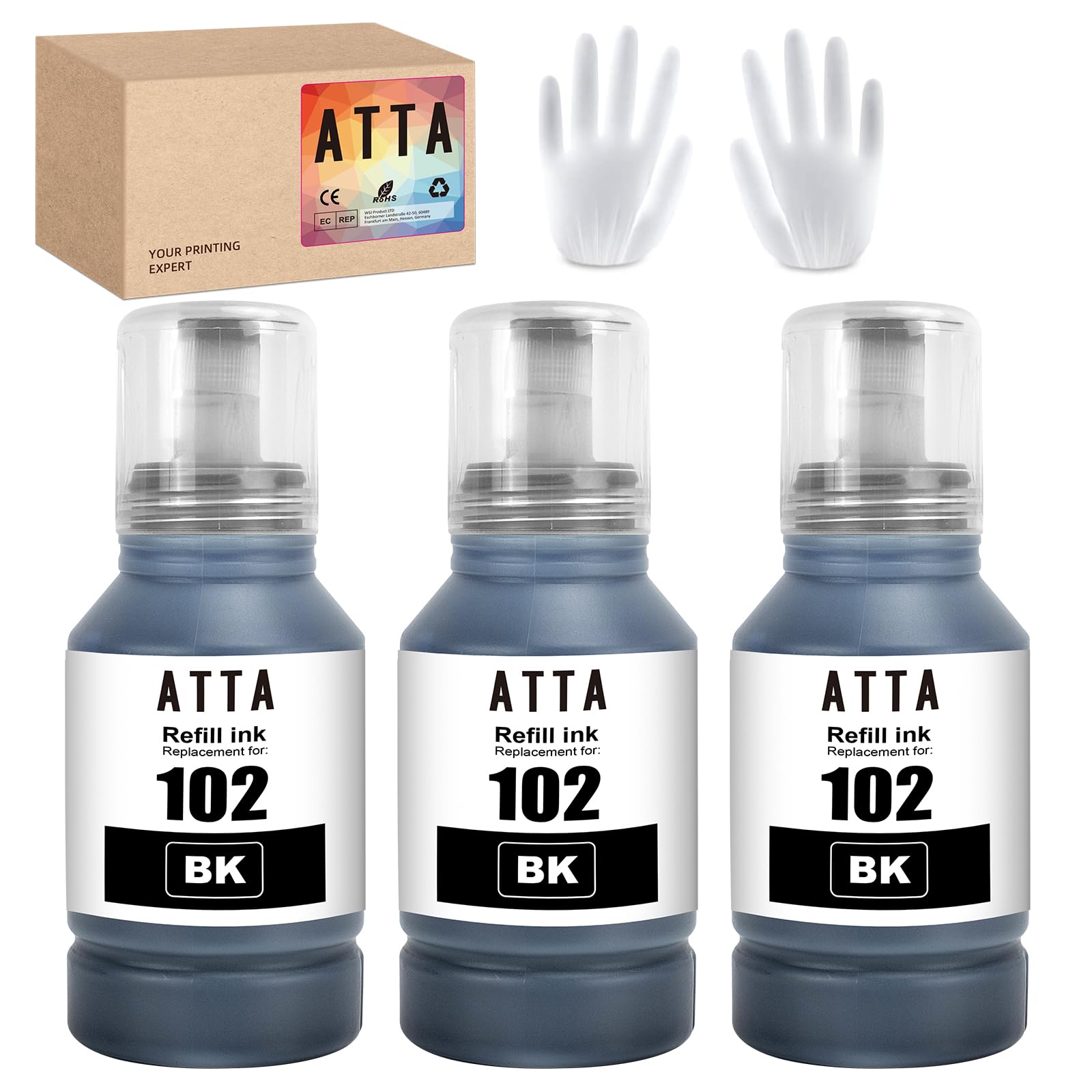 ATTA 102 Black Ink Bottle Replacement for Epson 102 Compatible with Epson EcoTank ET-2700 ET-2750 ET-2751 ET-2756 ET-3700 ET-3750 ET-3850 ET-4850 ET-4750 ET-15000 ET-4856 (3x127ml Black)