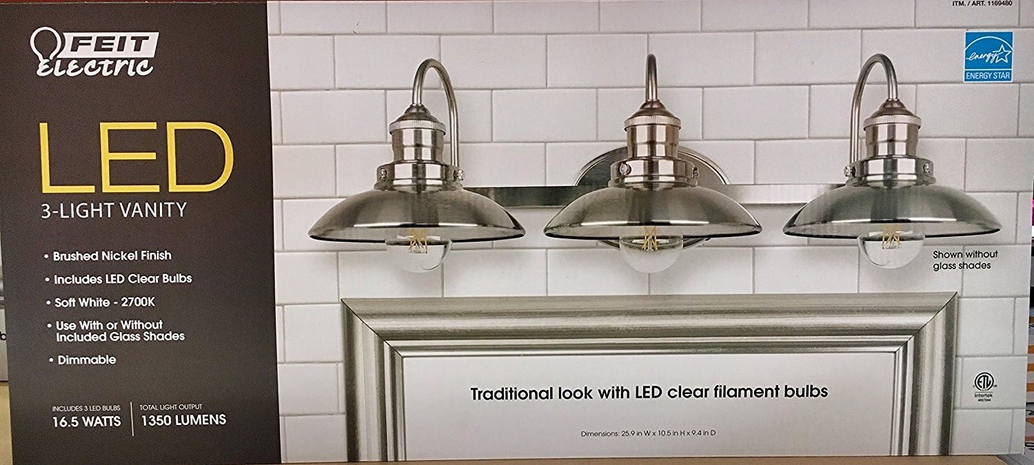 Amazon Com Feit Electric Led 3 Light Vanity 1350 Lumens Soft White 2700k Dimmable Brushed Nickel Finish Home Kitchen