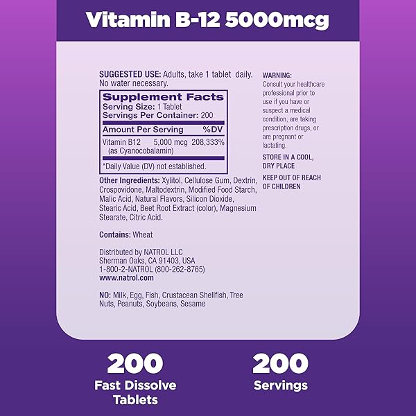 NATROL B12 VITAMINS 5000 MCG, FAST DISSOLVE VITAMIN B12 SUPPLEMENT SUPPORTS A HEALTHY NERVOUS SYSTEM AND ENERGY METABOLISM, 200 TABLETS, UP TO A 200 DAY SUPPLY