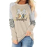 Thanksgiving Shirts Women Thankful Pumpkin T Shirt Grateful Blessed Print Long Sleeve Blouse Leopard Striped Fall Tee