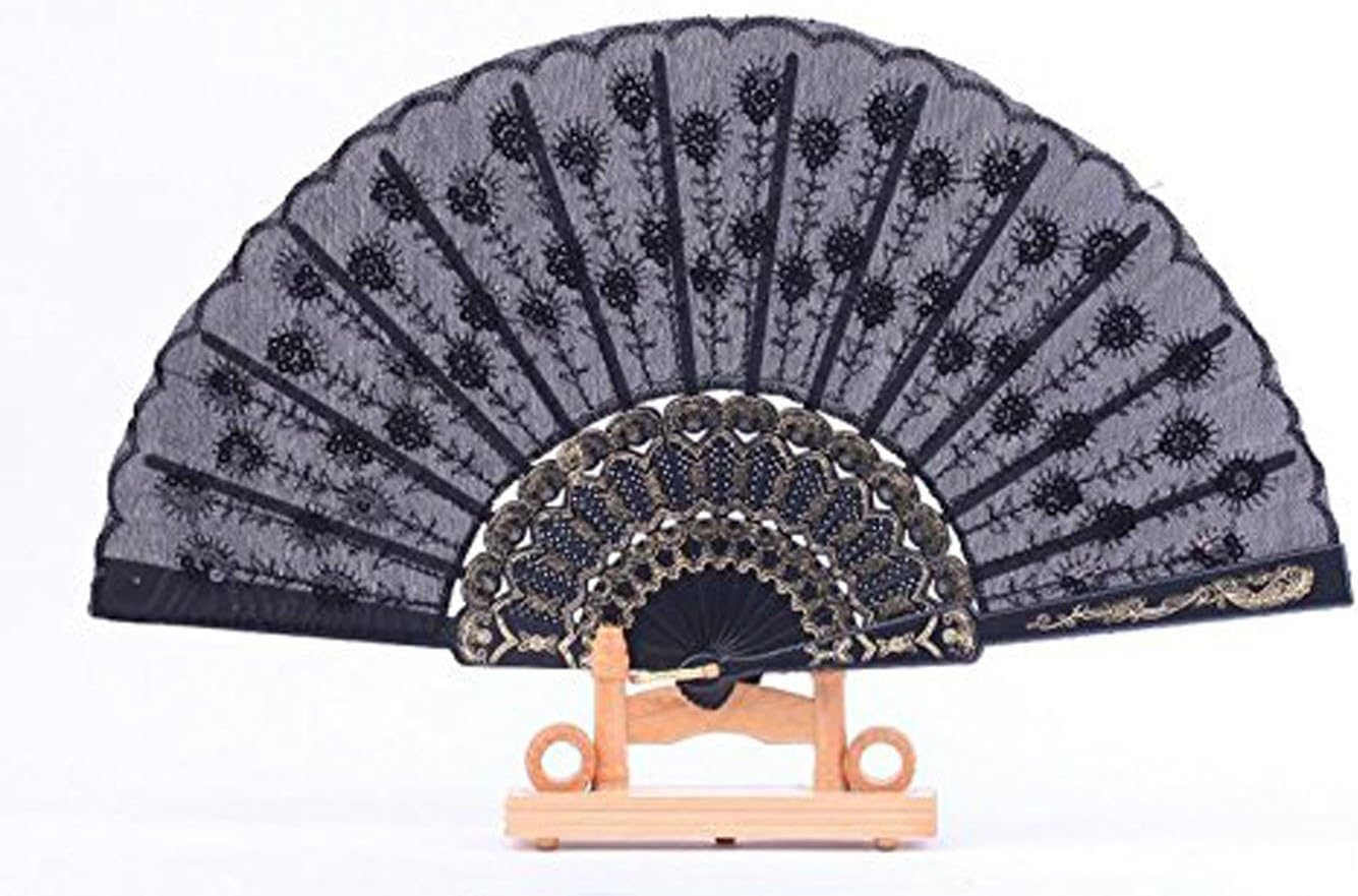 Pinsjar Peacock Flower Pattern Folding Fan Handheld Hand Fan Elegant Decorative Fan Wedding Gift for Women Girls