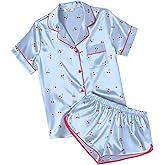 Ekouaer Womens Silk Satin Pajamas Short Sleeve PJS Shorts Set Soft Button Down Sleepwear 2 Piece Loungewear S-5XL