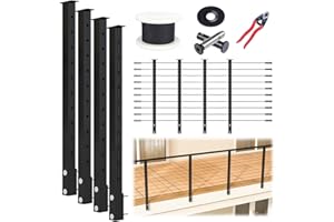 Muzata 15-20FT Modular Black Side Mount Cable Railing Kit 36 Inch 4 Level Post Kit Complete Set Cable Railing System for Decks Length Adjustable with Paper User Guide (No Handrail) RWF2 BH4S