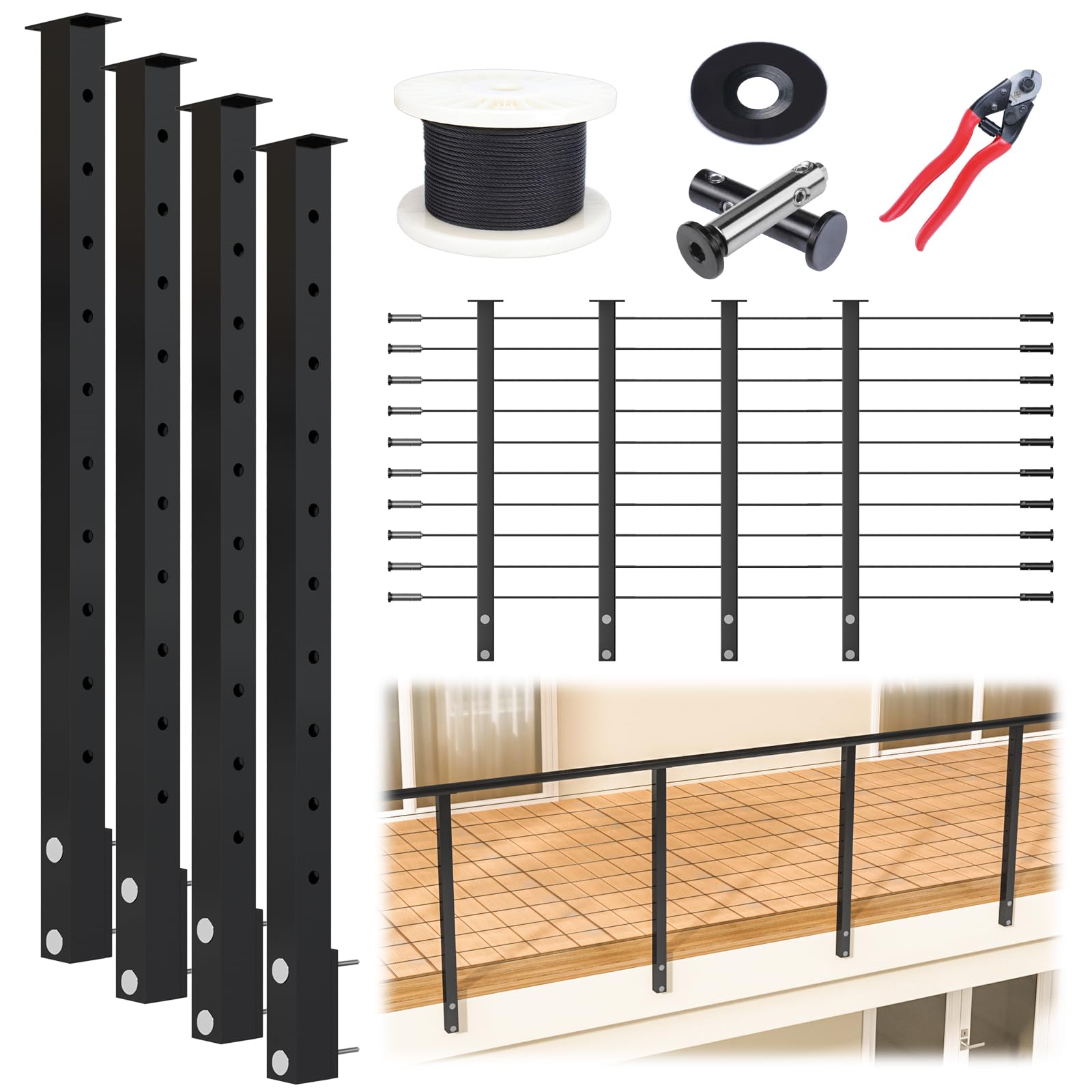 Photo 1 of Muzata 15-20FT Modular Black Side Mount Cable Railing Kit 36 Inch 4 Level Post Kit Complete Set Cable Railing System for Decks Length Adjustable with Paper User Guide (No Handrail) RWF2 BH4S
