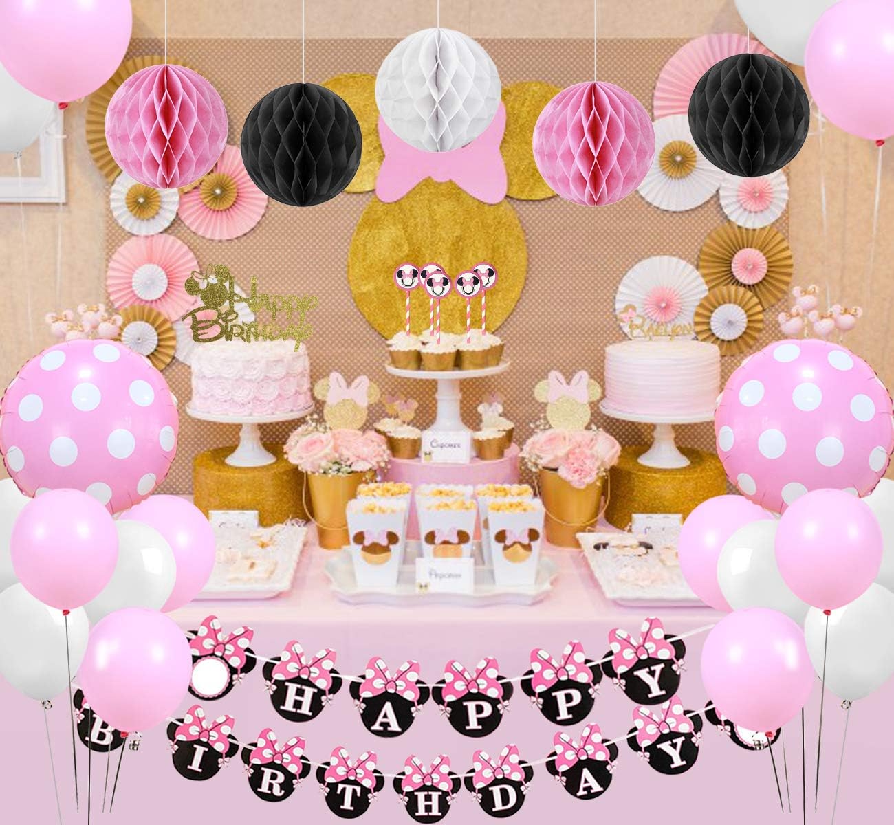 Decoraciones De Fiesta De Cumpleanos Con El Tema De Minnie Mouse Para Ninas Rosa Feliz Cumpleanos Banner Cake Topper Honeycomb Balls Para Suministros De Fiesta Con Tematica De Minnie Articulos Para Fiestas