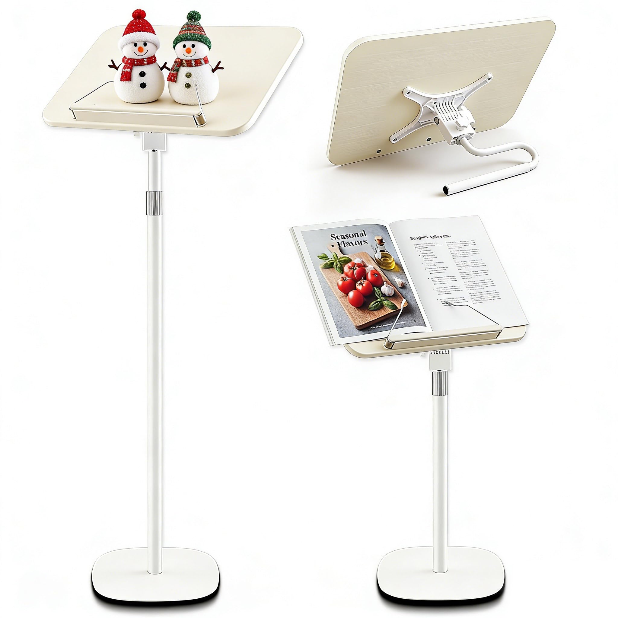 Photo 1 of 2 in 1 Dual-use Floor & Desktop Book Stand White, 19.6-54 Inch Height Adjustable, for Bible Stand Music Holder Podium Recipe Cookbook, Foldable Book Holder for Reading with Page Clips