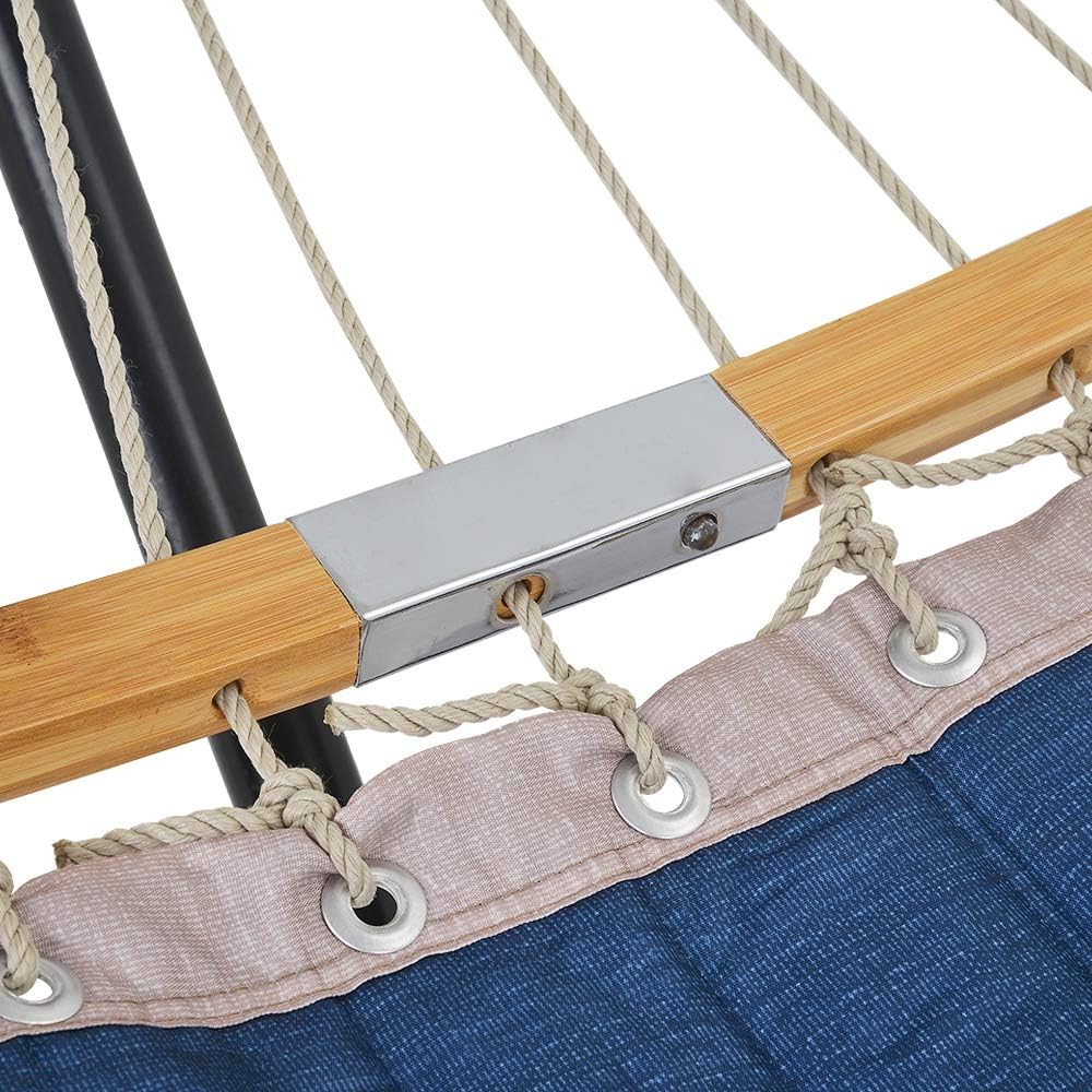 Patio Watcher 11 Feet Quilted Fabric Hammock with Curved-Bar Bamboo and Detachable Pillow, Double Hammock Perfect for Patio Yard Dark Blue : Garden & Outdoor