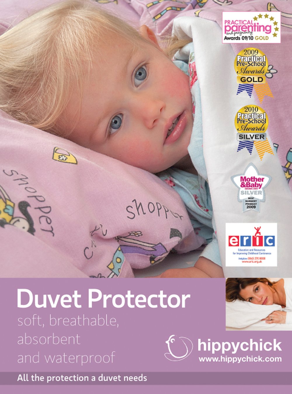 Hippychick Cotton Duvet Protector/Quilt Cover Set, 100 Percent Waterproof, Jersey Fabric, Anti Allergy, Machine Washable, Okeo-Tex Certified, White, 120 x 150 cm, Fits Cot Bed