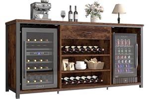LVB Large Bar Cabinet with Fridge Space, Rustic Long Liquor Cabinet with Drawer Storage, Farmhouse Wood Metal Wine Cabinet with Rack, Sideboard Buffet for Kitchen Dining Room, Rustic Brown, 70 Inch