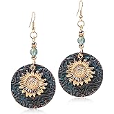 ANDPAI Unique Bohemian Vintage Bronze Double Layer Sunflower Dangle Drop Earrings Handmade Metal Retro Yellow Gold Flower Round Circle Earrings for Women Statement Jewelry Gifts