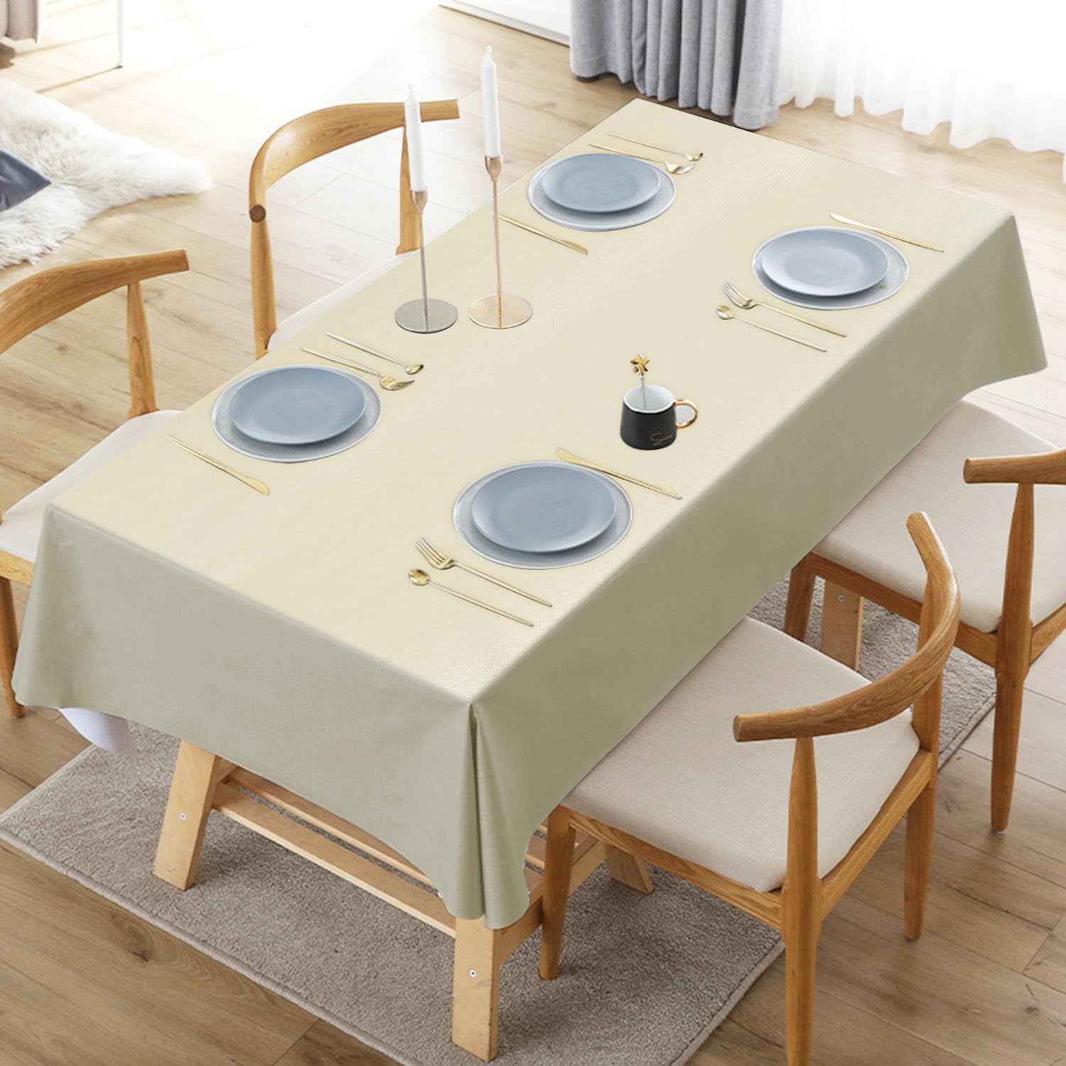 Newthinking PVC Table Cloth Wipe Clean Tablecloth Plastic Waterproof Table Protector, Rectangular Wipeable Tablecloths for Kitchen Picnic Outdoor Indoor - Light Beige, 71x54in/180x137cm