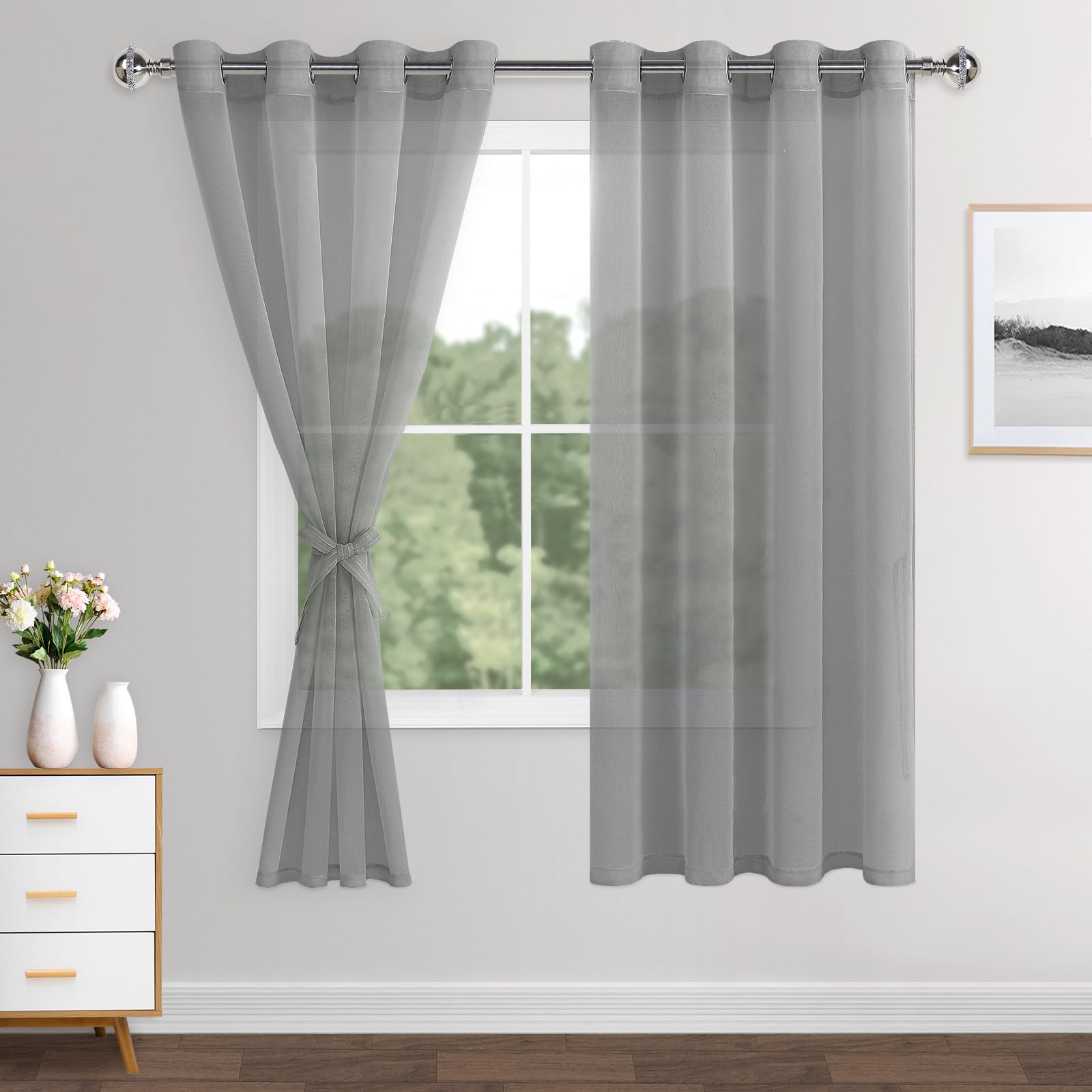 XWZO Sheer Curtains 2 Panels Linen Look Voile Curtains Semi Transparent Grommet Tieback Window Curtains for Bedroom,Light Filtering,Airy & Breathable Voile Drapes,Gray,W55*L72