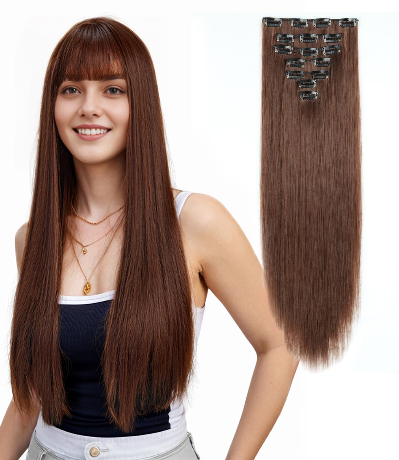 Royalfirst Clip in Hair Extensions for Women 22 Inch 7PCS Clip Ins Long Straight Hair Extension Double Weft Synthetic Thick Hairpieces Halloween Cosplay Daily Use (33A#)