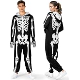 Halloween Skeleton Costume for Men, Skull Jumpsuit with Skeleton Gloves for Adult Cosplay Dress Up