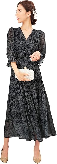 Amazon Ripple Plus パーティードレス 結婚式 ドレス ワンピース 袖あり ロング ロングドレス マキシ パーティドレス 結婚式ドレス 二次会 謝恩会 フレア フォーマル 代 30代 40代 50代 7分袖 七分袖 ドット柄 シフォン 体型カバー ブラック M パーティー