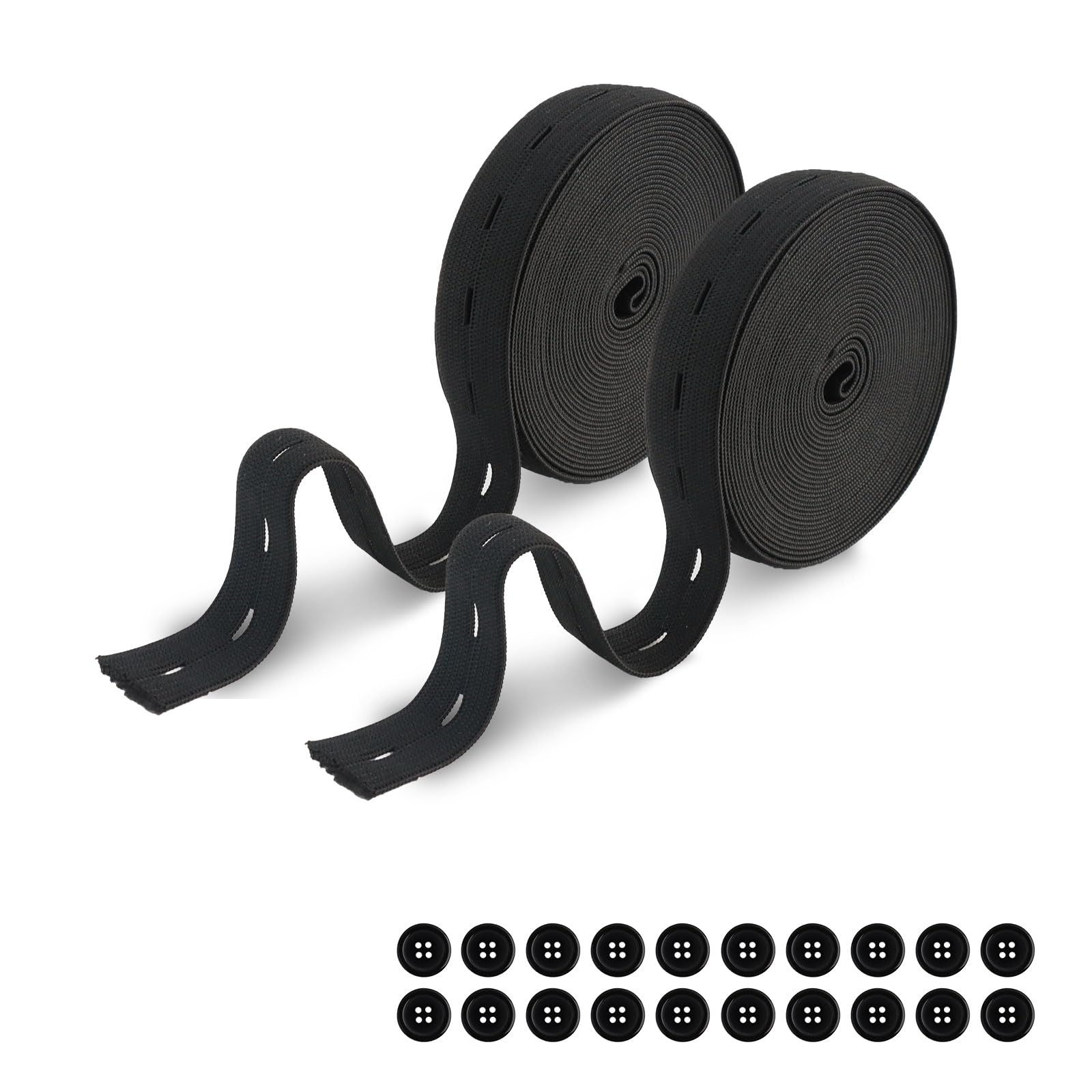 2 Rolls Wide Elastic for Sewing with Button Holes, 20mm Wide Elastic Band Total 20m, Polyester and Rubber Elastic Band for Sewing, with 20 Resin Buttons, Elastic Strap for Belt Trouser Cord (Black)