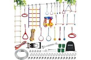 SZHTMZXC Ninja Warrior Obstacle Course for Kids Backyard Outdoor, 50FT 11 Ninja Obstacles Accessories, Stainless Steel Main Rope 500lbs, Monkey Bars, Wood Ladder, Climbing Net