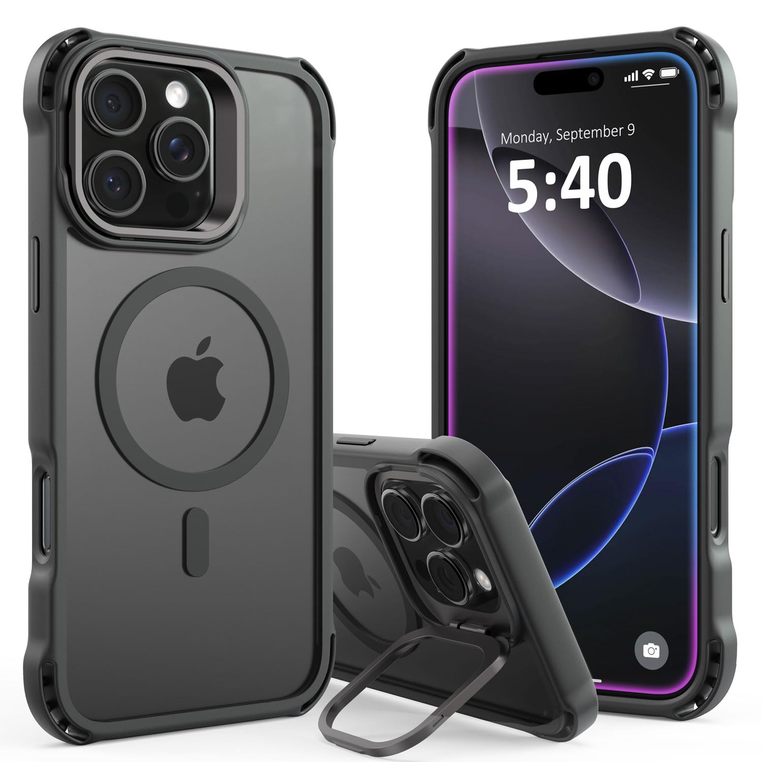 Phonic Pro Shield iPhone 16 Pro Max Case [Invisible Kickstand] 12ft Military-Grade Drop Protection Crystal Clear Back, Compatible with MagSafe, Slim Shockproof Case For iPhone 16 Pro Max(Black)