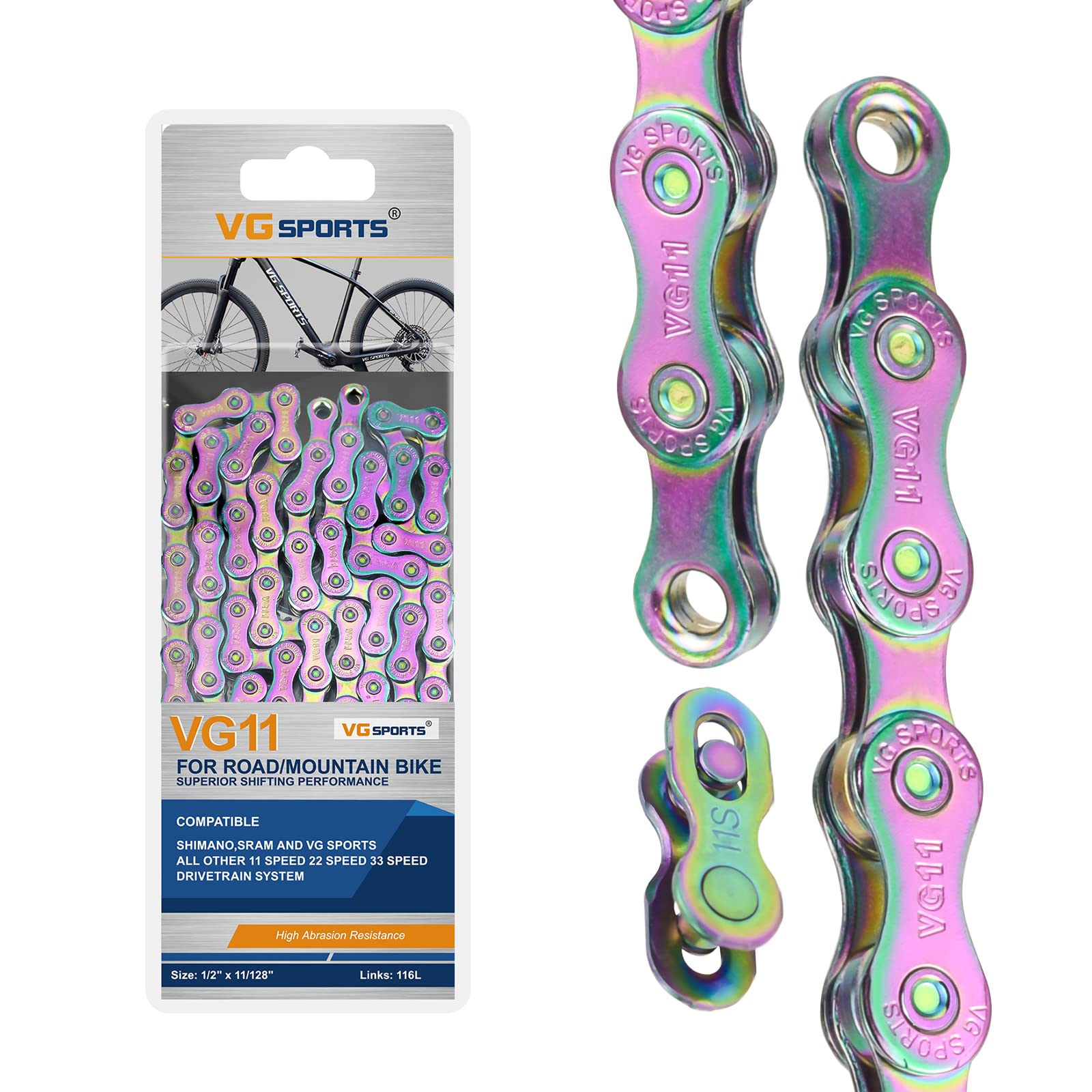VG SPORTS 6/7/8/9/10/11 Speed Bike Chain,Half/Full Hollow Lightweight Bicycle Chain for Road Bike MTB,Silver/Gold/Titanium/Rainbow,116 Links with Missing Link