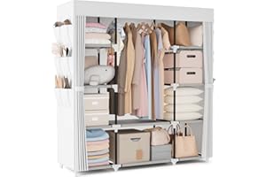 VTRIN Portable Closet Wardrobe for Hanging Clothes 57.3 Inch Large Capacity Clothes Rack with Cover, 10 Storage Organizer She