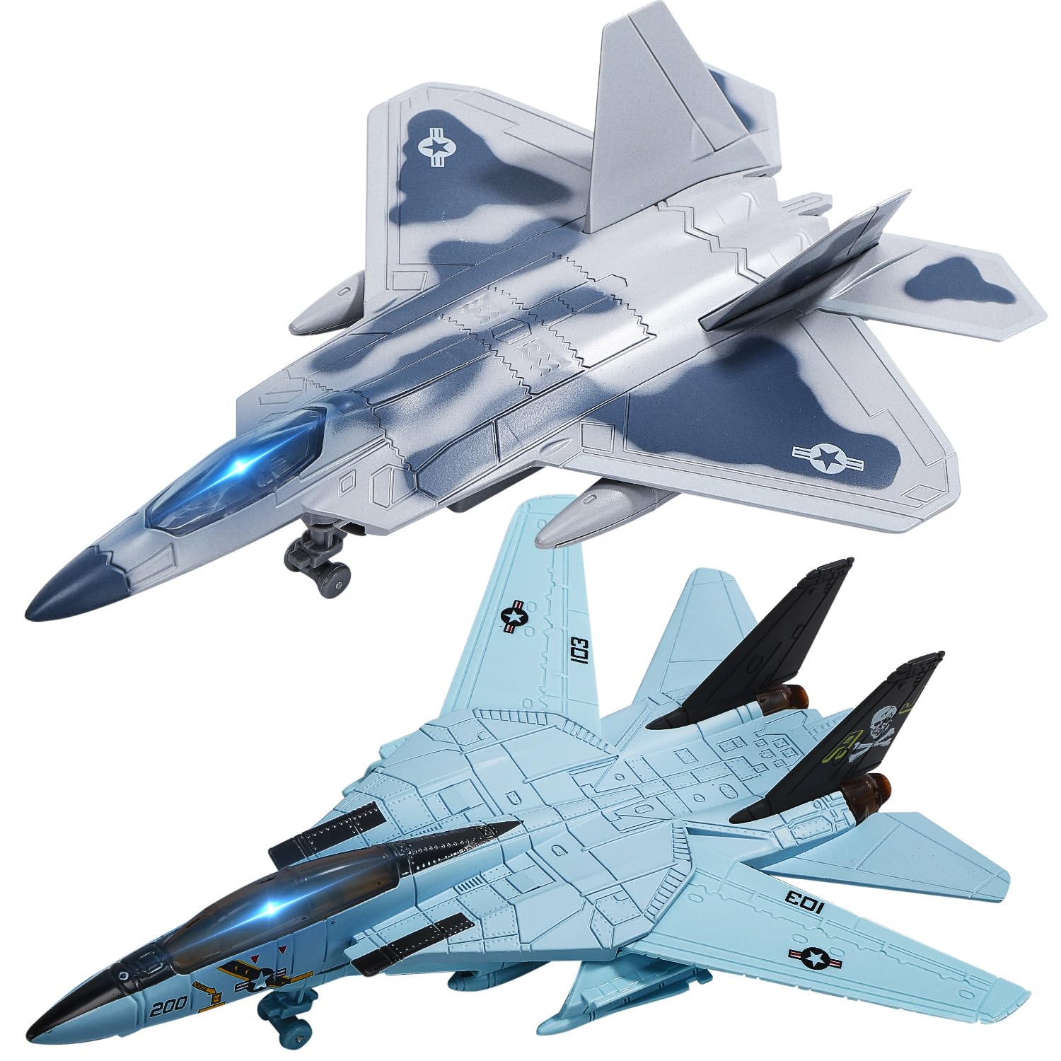 HOLYFUN Double Fighter Jet Toy, F14 & F22 Diecast Planes with Lights & Sounds, Pull Back Military Airplane Toy, Great Gift for Toddler,Kids, Boys