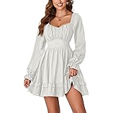 KIFOVEN Women's Long Sleeve Smocked Wrap Tiered Ruffle Flowy A Line Short Mini Lantern Dress Beige Medium