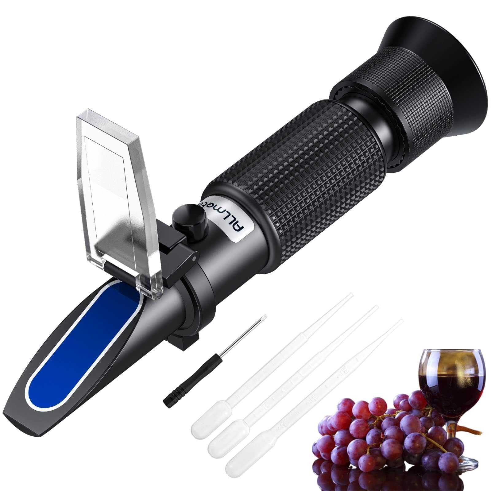 ALLmeter Wine Refractometer – Brix 0–40% & Potential Alcohol 0–25% (ATC) – Handheld Sugar Meter for Home Winemaking & Brewing – 2–3 Drops, Complete Calibration Kit