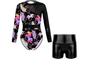 Moggemol Kids Girls Gymnastics Dance 2 Piece Outfits Long Sleeve Leotards with Shorts Sets Athletic Biketard