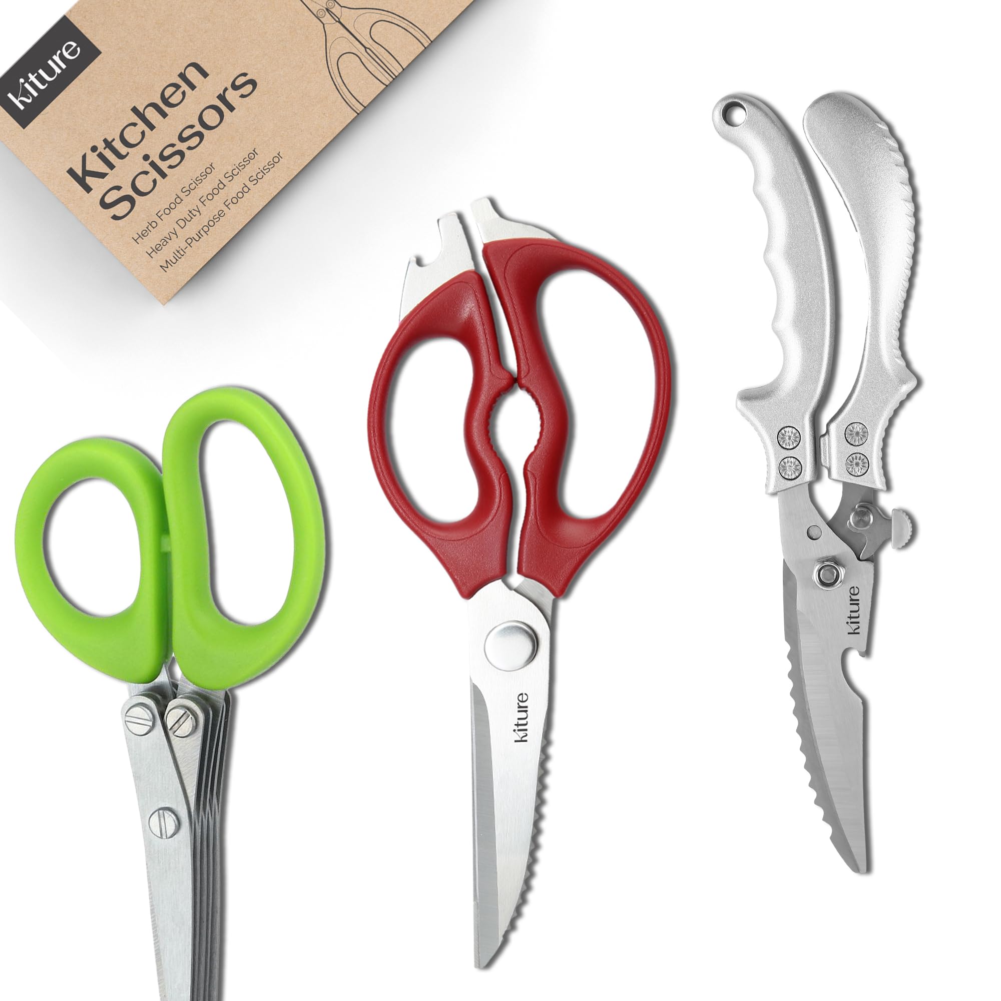 Photo 1 of ***Factory seal***

Heavy Duty Kitchen Shear with Bonus MultiPurpose and Herb Scissors 420 Stainless Steel for Chicken, Meat, Fish and Poultry Gift Set with Kitchen Shears for Food and Herbs Scissors by Kiture