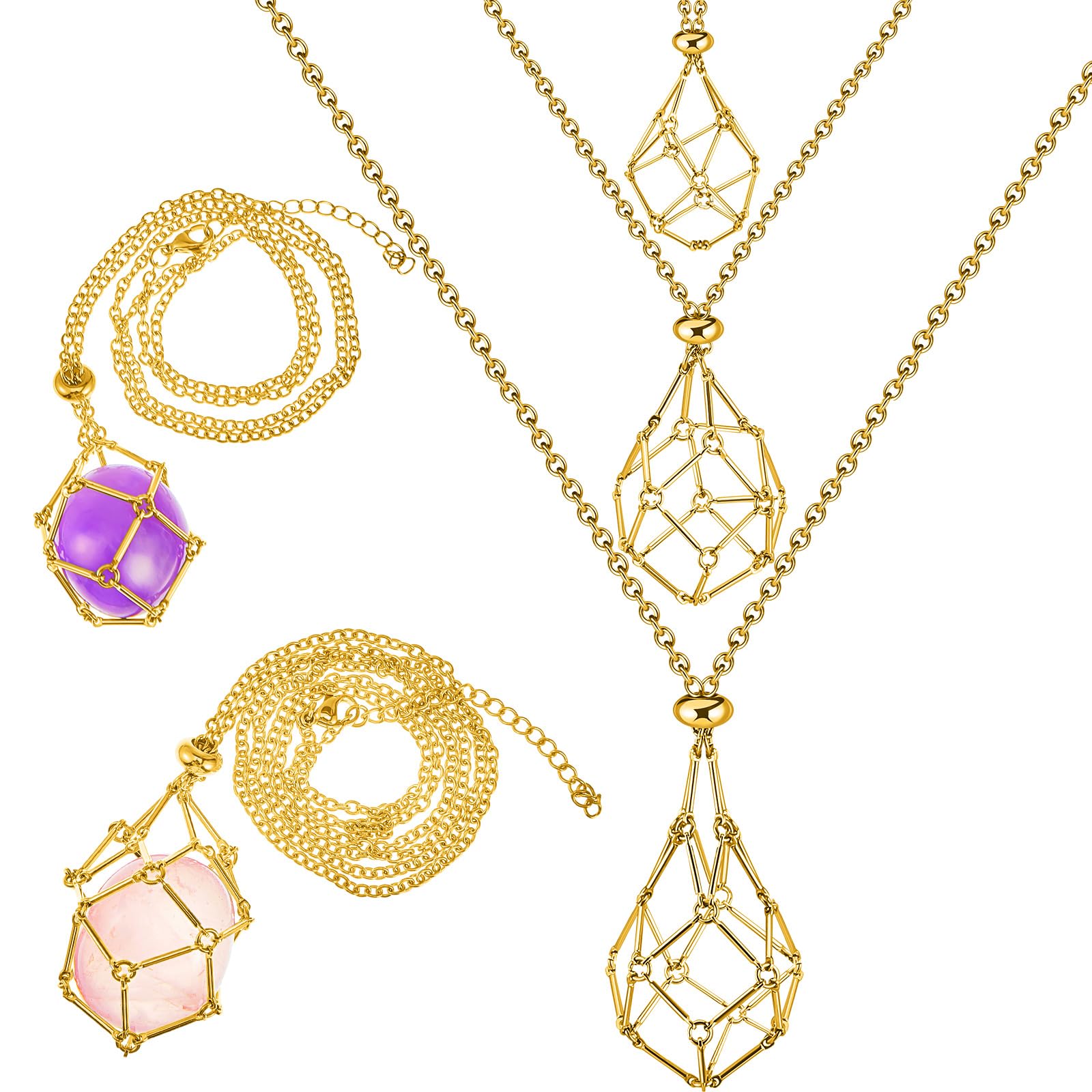 Photo 1 of Tondiamo 3 Pcs Crystal Necklace Holder Cage Pendant Adjustable Empty Stone Holder Necklace Crystal Cage Stand Jewelry DIY Men(Gold)