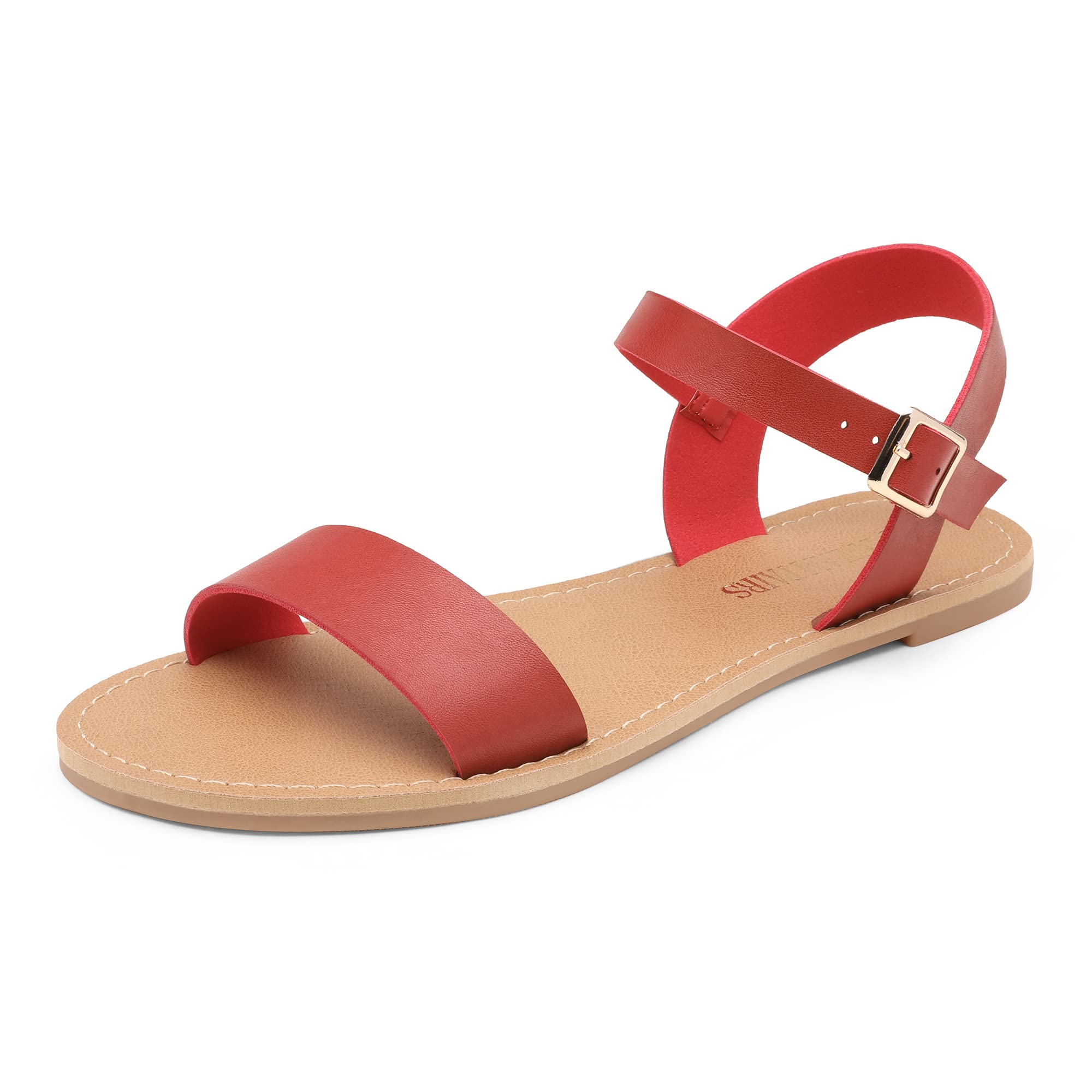 Photo 1 of DREAM PAIRS Women's Ankle Strap Flat Sandals Open Toes One Band Buckle Summer Dressy Sandals,Size 8.5,Red,Hoboo-N