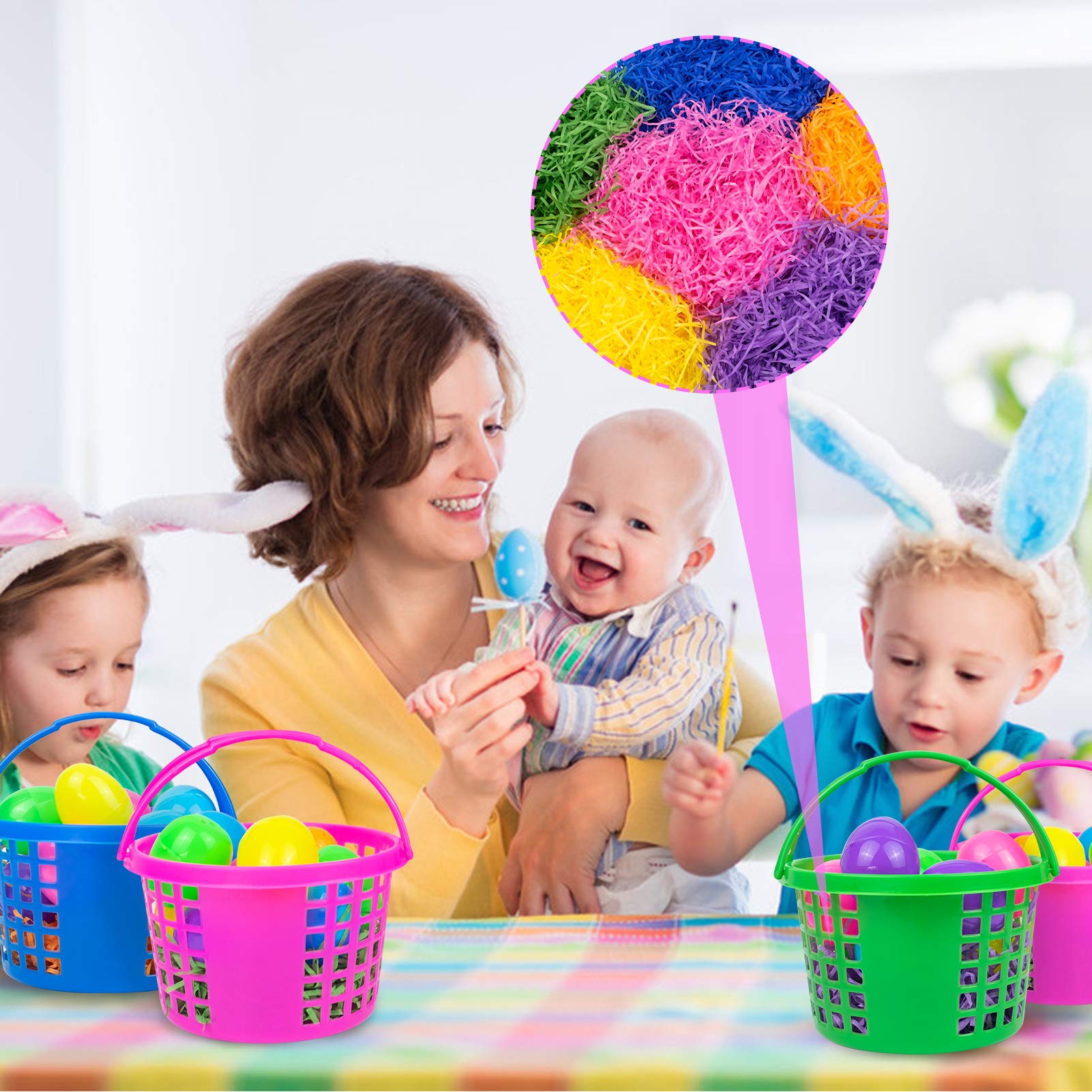 Evoio Easter Baskets in Bulk for Kids 24 PCS Plastic Easter Basket Bucket for Eggs Hunts Game, Classroom Eggs Collecting Baskets with 6 Color Raffia Paper Grass Filler Basket for Kids Egg Hunts Party