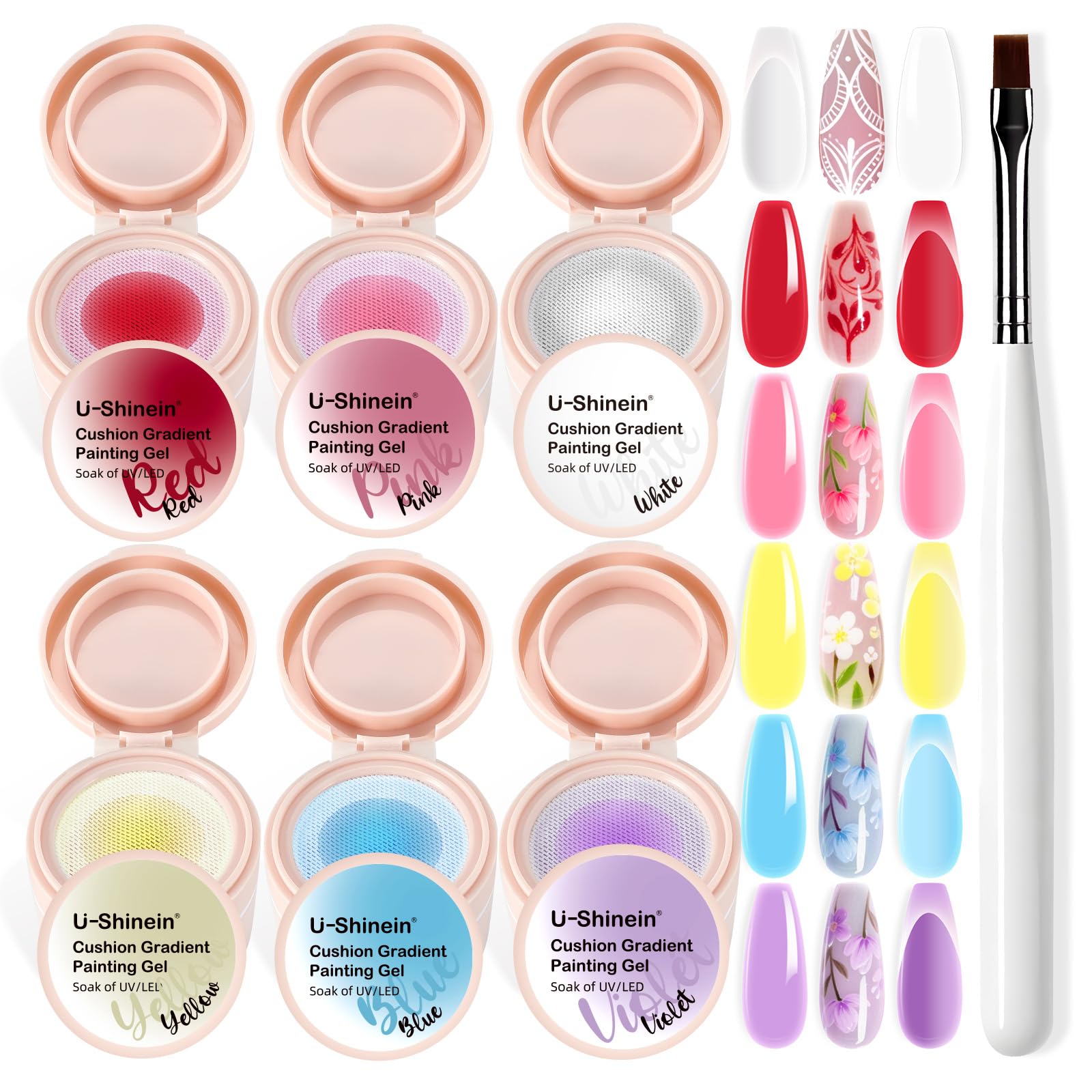 Photo 1 of U-Shinein Cushion Gradient Painting Gel Kit, 6 Color Ombre Nails Aura Nails Full Coverage Precise Control of Each Dip With Brush Matte Effect Non-Wipe Long Lasting Soak Off UV Led