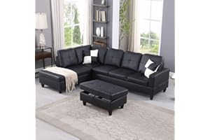UOCFYK Black L-Shaped 3-Piece Faux Leather Sofa with Storage Ottoman Set, Sectional Couch Leather-Like Sofa Set for Living Room, Office, Small Space