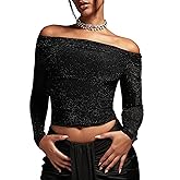 WDIRARA Women's Glitter Off The Shoulder Ruched Long Sleeve Cocktail Party Crop Top