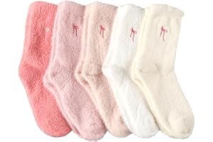 Geyoga 5 Pairs Women's Bow Fuzzy Socks Winter Soft Slipper Socks Coquette Stuff Fluffy Thick Spa Home Sleeping