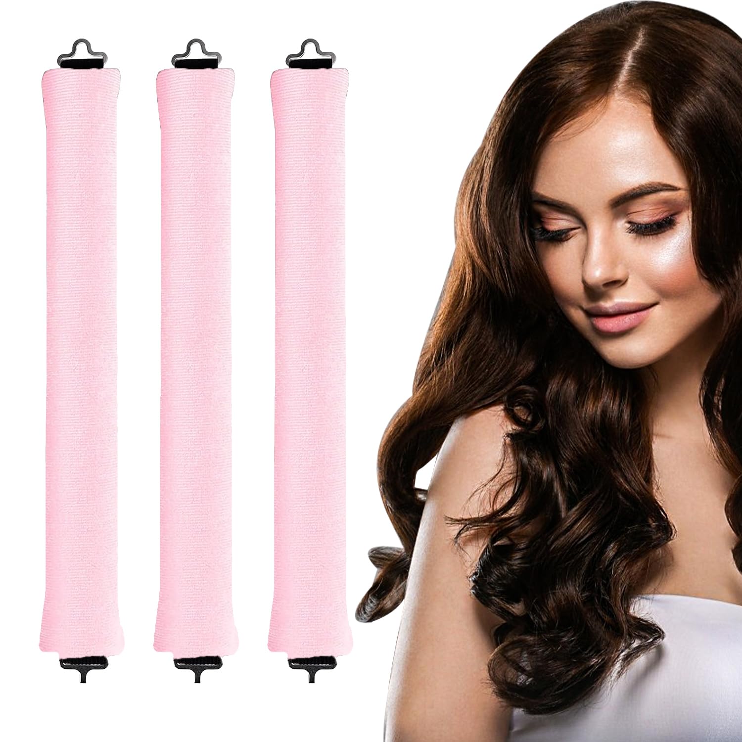 elook 3PCS Heatless Curlers, High Resilience Hair Rollers Lazy Heatless Blowout Rods, Soft Velvet Thick Flexi Rods with Hook, Women Long DIY Hair Styling Tools - Pink