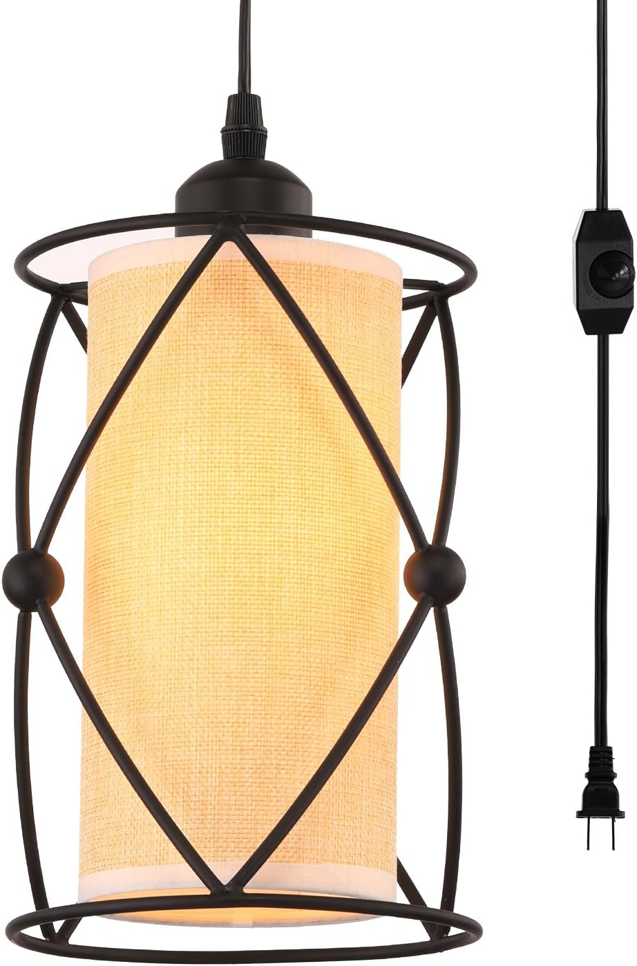 Creatgeek Plug-in Pendant Light 16.4' Cord with On/Off Dimmer Switch, Industrial Linen Drum Lampshade Cylinder Swag Chandelier for Bedroom, Dining Room, Kitchen Island