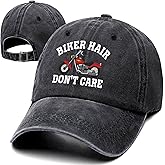 Biker Hair Don't Care Funny Retro Washed Cotton Baseball Cap, Adjustable Lightweight and Breathable Unisex Outdoor Sun Hat, Gifts for Motorbike Biker Rider Lover Dad Grandpa Grandfather Husband Black
