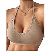 MakeMeChic Women's Low Back Halter Bra Seamless Wireless Bralette Rib Knit Everyday Bras