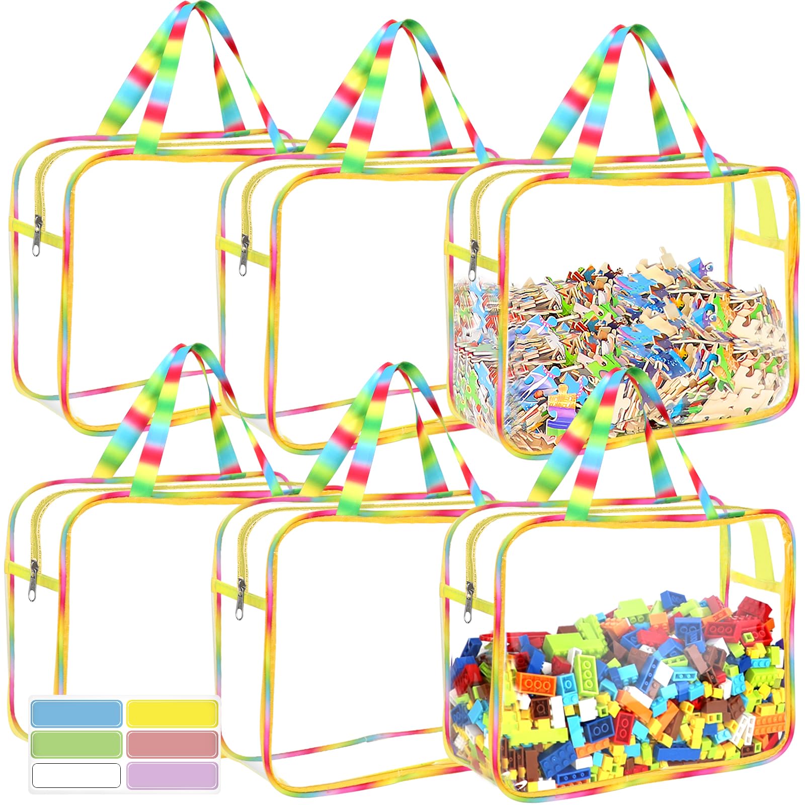 6 Packs Large Toy Storage Bags with Labels, Reusable Clear PVC Board Game Storage, Travel Waterproof Organizer Bags with Zipper Large Capacity (Gradient Color) Image