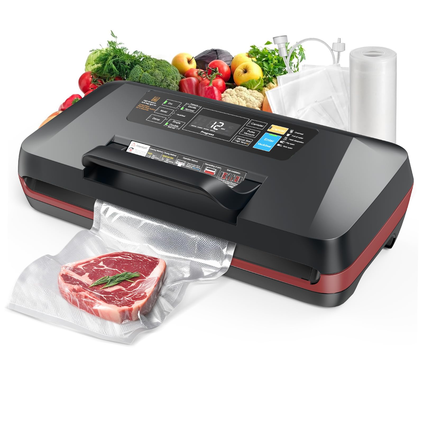 Photo 1 of 95KPa Vacuum Sealer Machine for Food, Automatic with Dual 12mm Heat Seal, 10-in-1 Modes, Built-in Cutter & Bag Storage, Includes 1 Roll and 10 Pre-Cut Bags