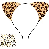 Heclia Leopard Ears Headbands, Soft Furry Cheetah Print Cat Hairband with Face Tattoos, Women Leopard Ears Accessory for Halloween Christmas Makeup Costume Cosplay Animal Ear Hair Band Costume